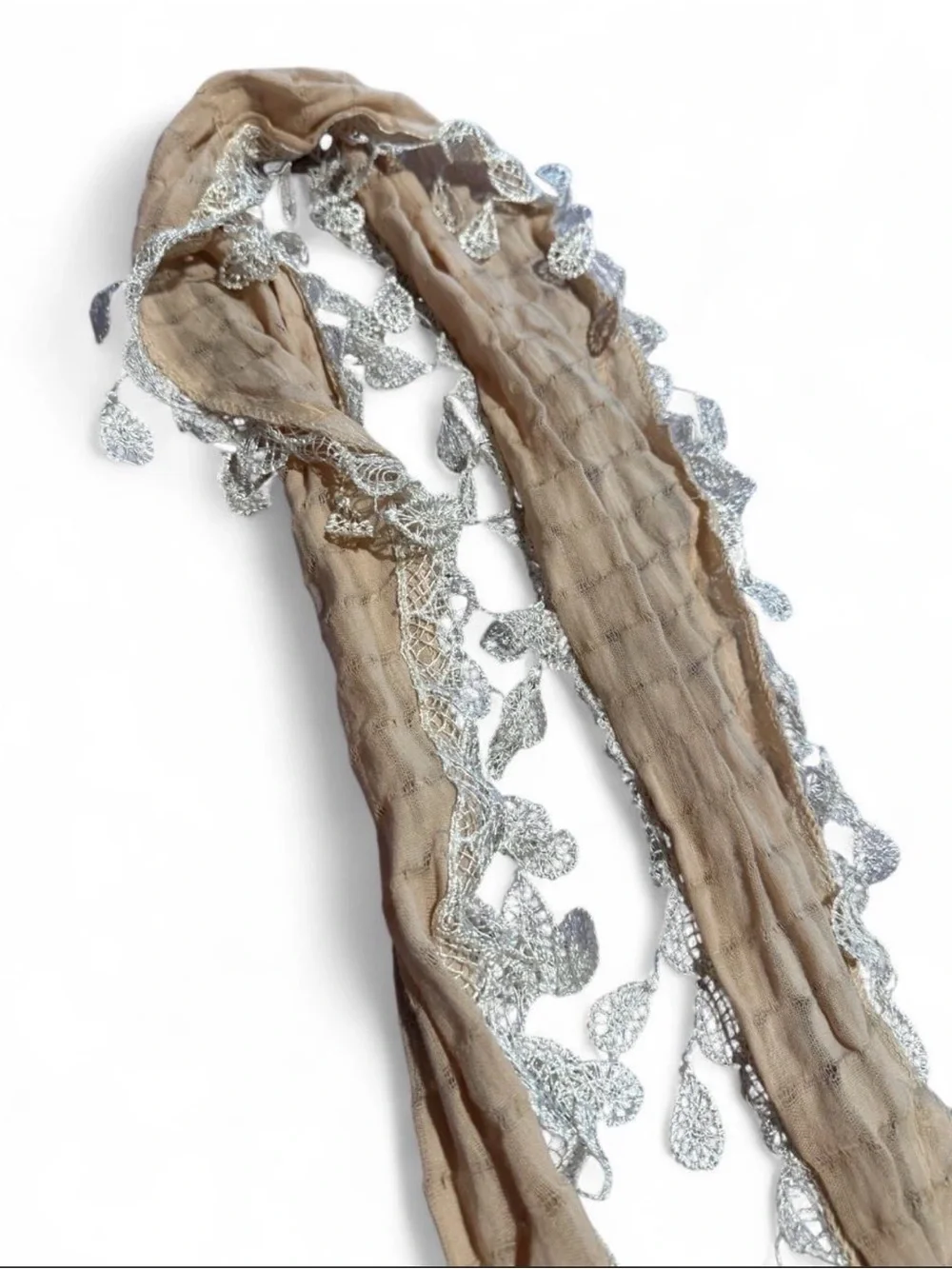 Beige Scarf with Leaf fringe Trim